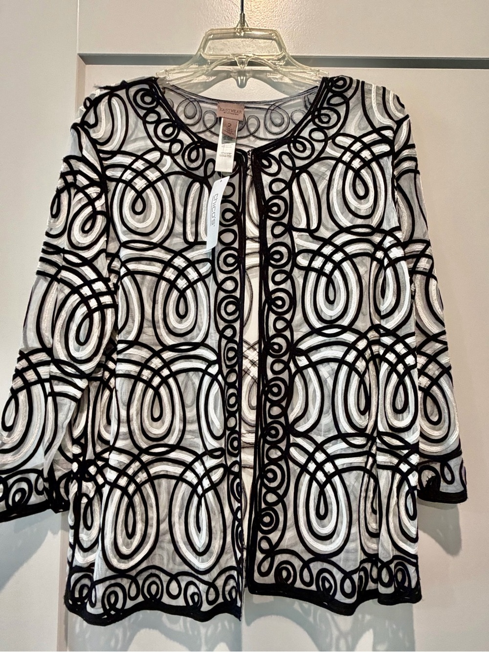 NWT CHICOS Black & White Embroidered  Mesh Top